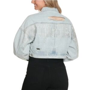 Blue B Collection Distressed Cropped Denim Jacket W/ Rhinestone Fringe
